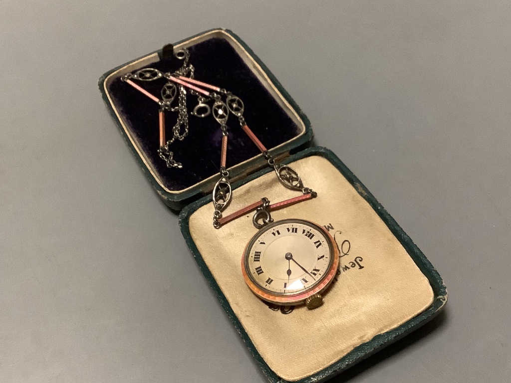 A collection of mainly early 20th century and later silver or white metal fob and wrist watches including some with enamel.